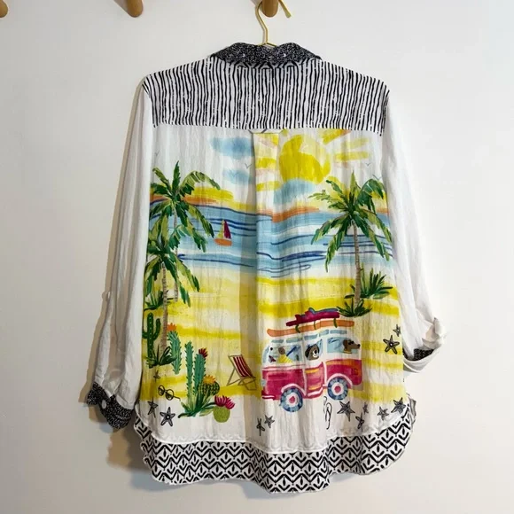 John Mark White Button-Down Top Colorful Beach Vacation Dog Resort Wear Print XL - Picture 12 of 15